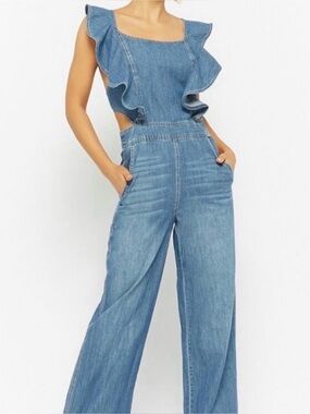 DO+BE Ruffle-Trim Wide-Leg Denim Jumpsuit Jumper Onesie - Blue Medium